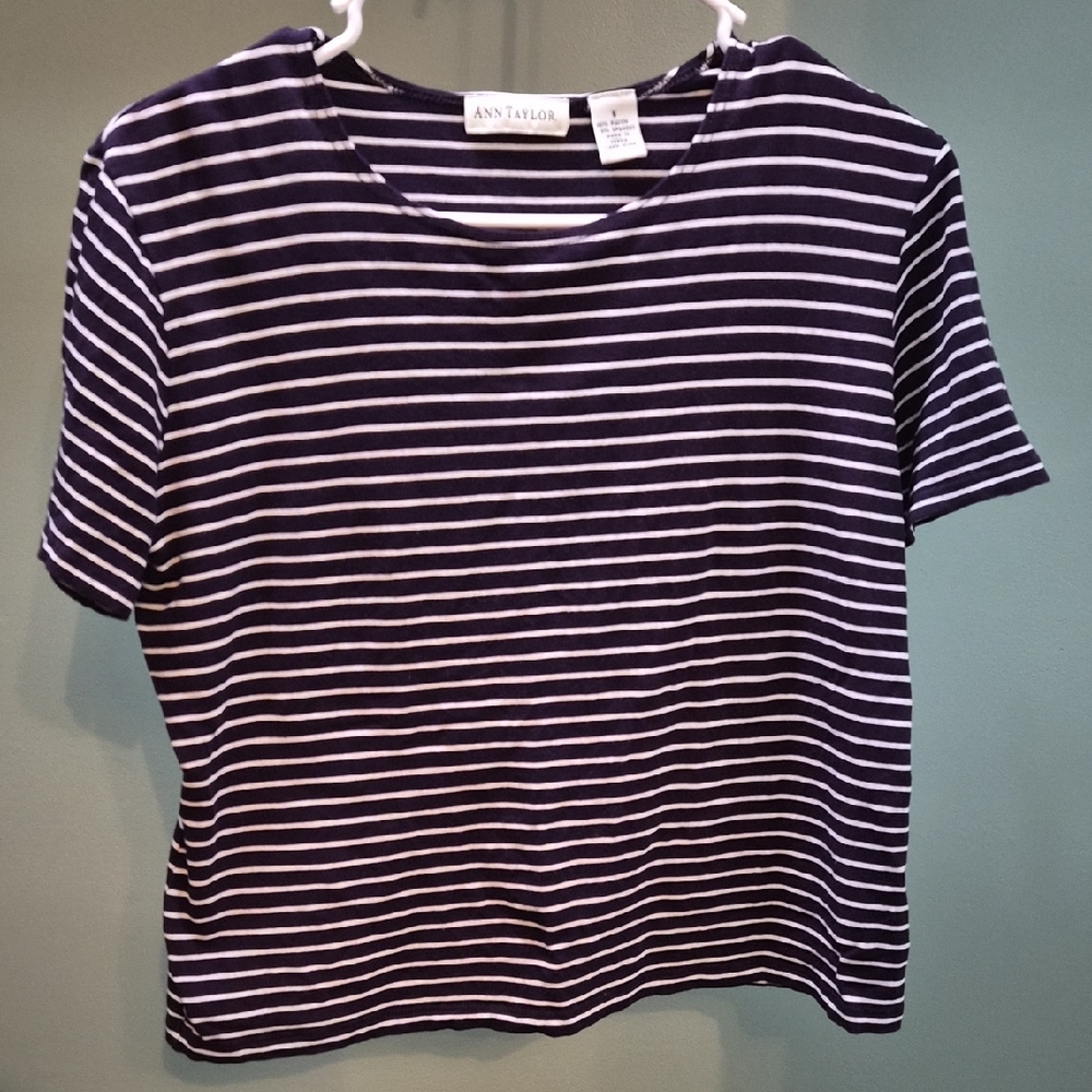 Ann Taylor Classic Purple and White Striped  Oversized Short Top